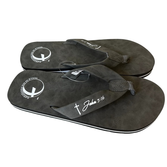 Walk in His Footsteps NWT Unisex John 3:16 Charcoal Grey Flip Flops M/L - Picture 2 of 7